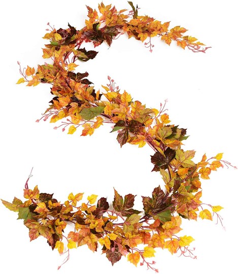 2 Pack Artificial Maple Leaf Garland – 6.5 Ft Per Piece (13 Ft Total) Fall Vine Vine Foliage Decor, Autumn Thanksgiving Hanging Leaves Garland for Home, Fireplace, Wedding, Party, Door & Indoor Outdoor Decoration